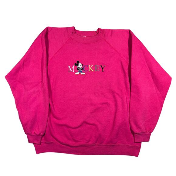 Vintage 1990s Mickey Mouse Embroidered Pink Crewneck Sweatshirt - Picture 1 of 4